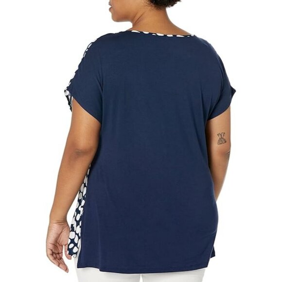 Evans Avenue Plus Size 14 Blue Mixed Media Back Border Top White Dots Flowy - Picture 2 of 6